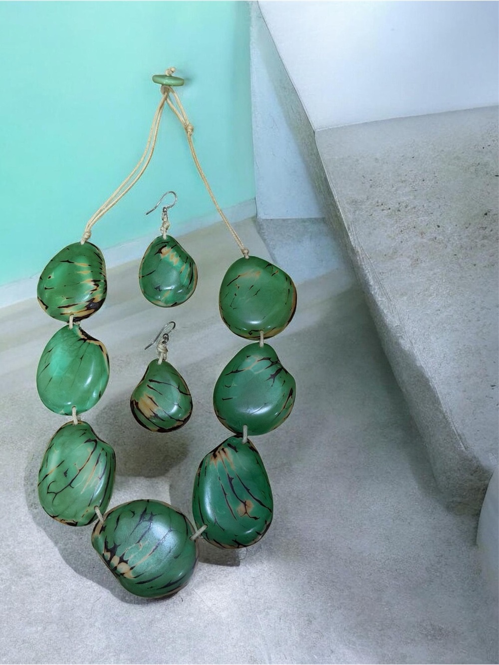 Artisan Tagua Nut Statement Necklace and Earrings Set-Green Vegetable Ivory Boho